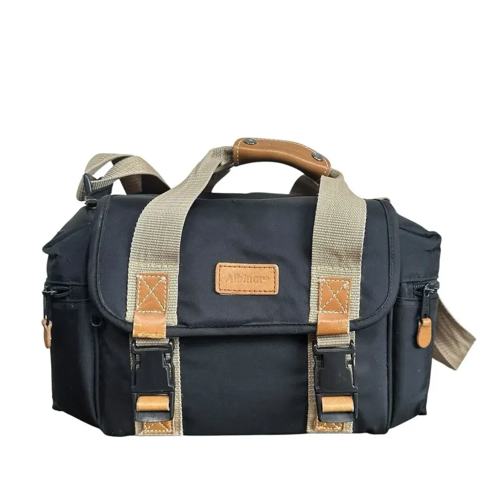 Vintage Black & Tan Albinar Nylon Padded Camera Bag Shoulder Strap Top Handle
